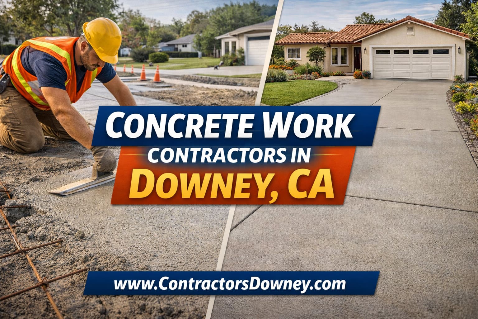 Professional concrete contractors installing a new driveway in Downey California